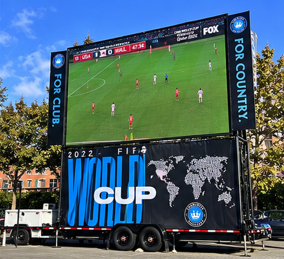 A large LED screen on a trailer showing a live World Cup match, with Charlotte FC and 2022 World Cup graphics and FOR CLUB, FOR COUNTRY banners